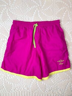Vintage 1980s Umbro Adult Large Neon Pink Yellow Nylon Swishy Sports Shorts